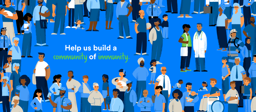 Graphic showing a diverse group of people against a blue background.